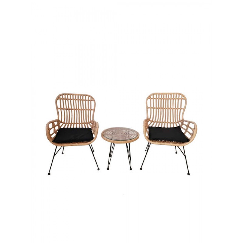 SALSA Duo Set Καθιστικό Κήπου Μέταλλο Μαύρο - Γυαλί - Wicker Φυσικό: Τραπεζάκι+2 Πολυθρόνες Κωδικός: [Ε-00021999] Ε287,S